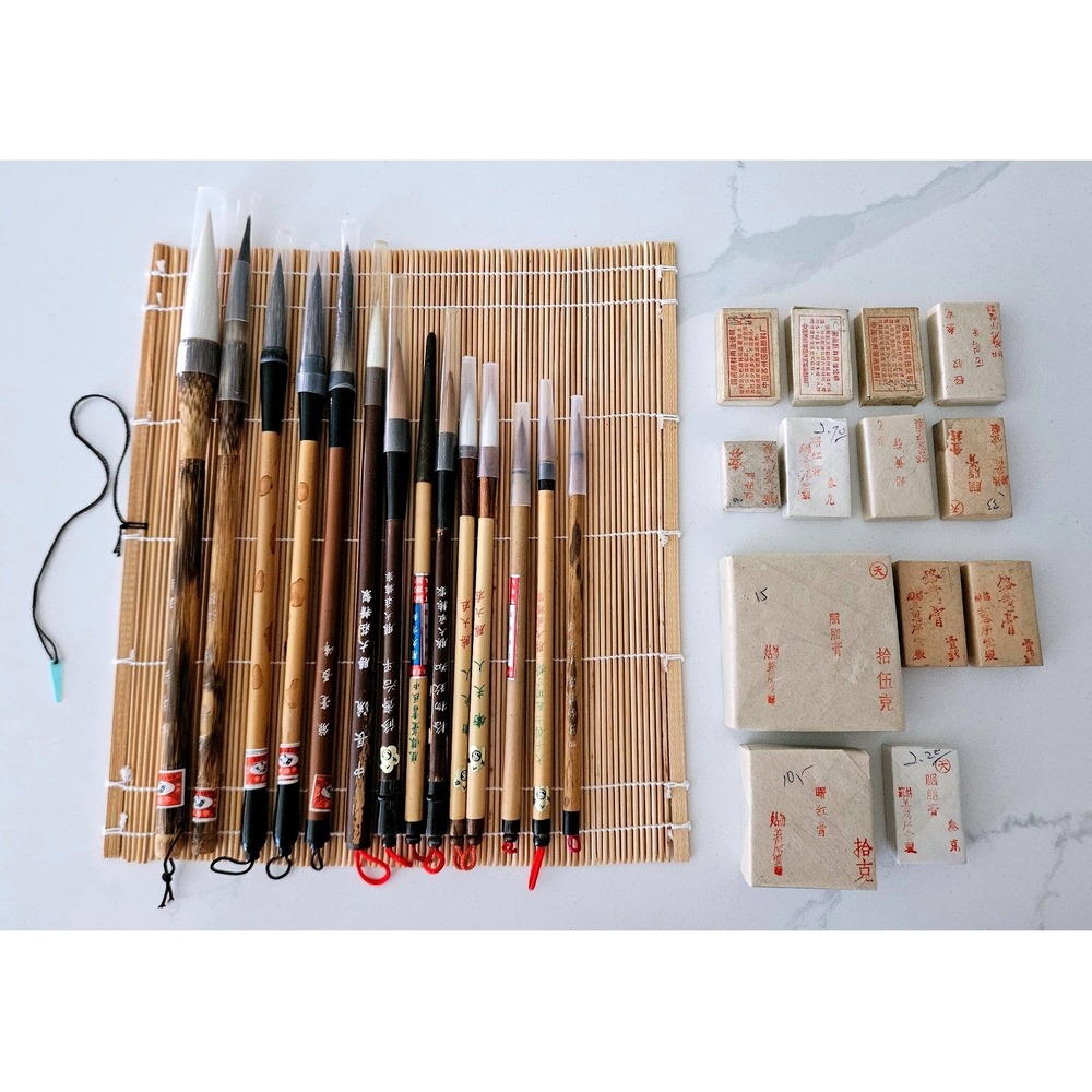 Chinese Calligraphy Set 14 Bamboo Brushes 12 Ink Pigments Bamboo Mat OS Vintage